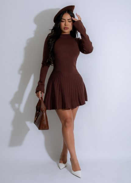 Inkstone Pleat Knit Mini Dress Brown