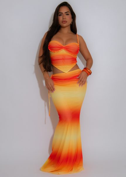 Tropic Twirl Mesh Ruched Skirt Set Orange