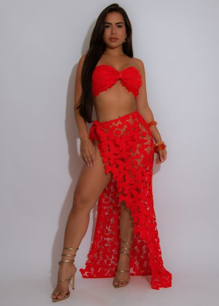 Lace Me Up Lace Skirt Set Orange