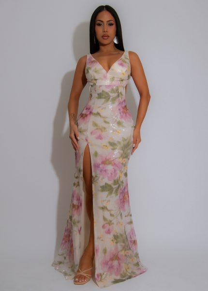 Blossom Veil Sequin Floral Maxi Dress Nude