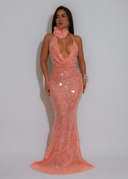 Ocean Siren Sequin Floral Mesh Maxi Dress Orange
