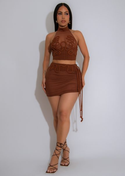 Savanna Loop Mesh Ruched Skirt Set Brown