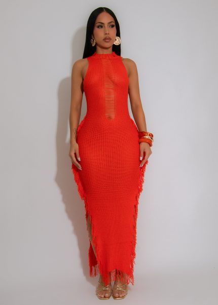 Oceana Fringe Crochet Maxi Dress Orange