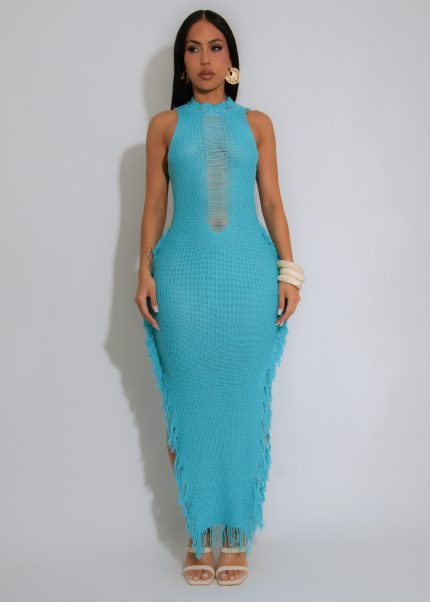 Oceana Fringe Crochet Maxi Dress Blue