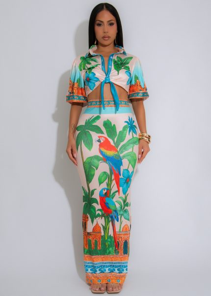 Tropicana Mirage Floral Ruched Skirt Set Nude