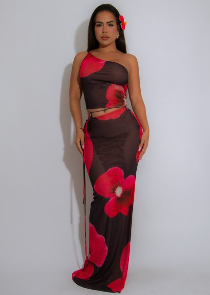 Hibiscus Heat Mesh Floral Skirt Set Red