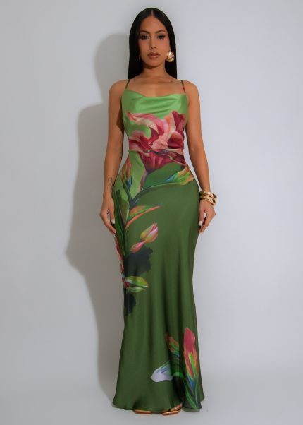 Poetic Love Floral Satin Maxi Dress Green