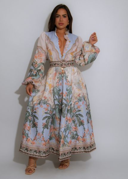 Botanical Reverie Floral Midi Dress Nude