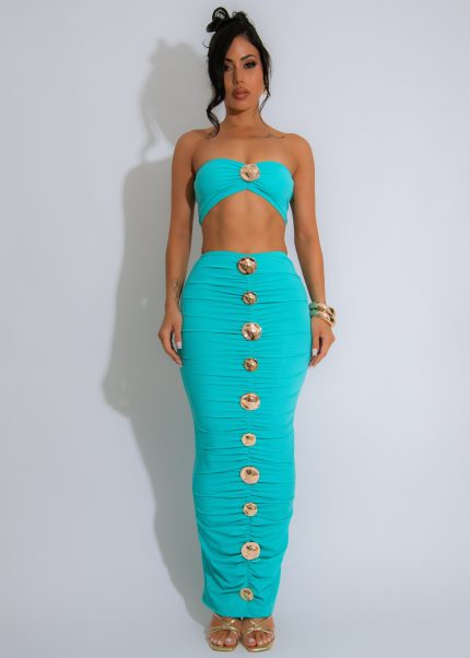 Sea Side Goddess Ruched Skirt Set Blue