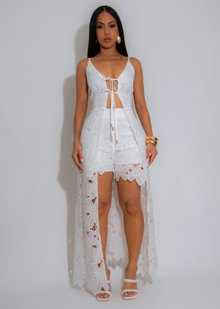 Modal Loose Off Floral Short Set White
