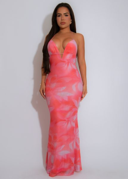Heatwave Slip Mesh Floral Ruched Maxi Dress Pink