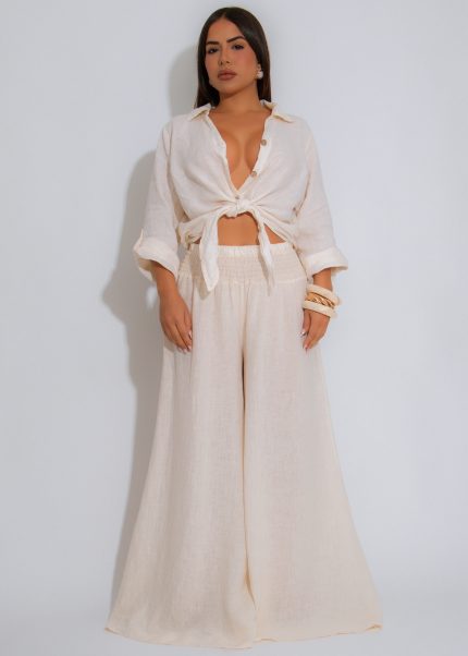 Soleil Ease Linen Ruched Pant Nude