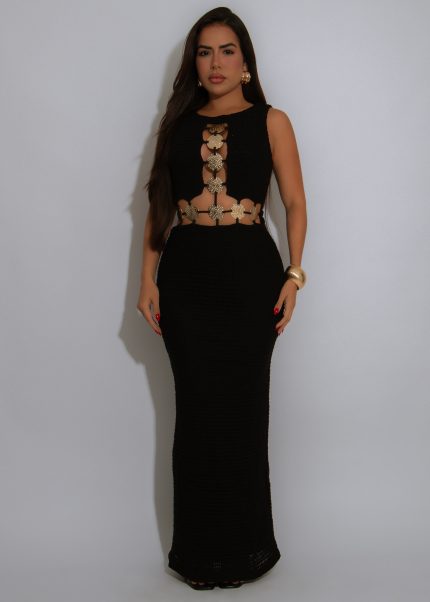 Medusa Muse Crochet Maxi Dress Black