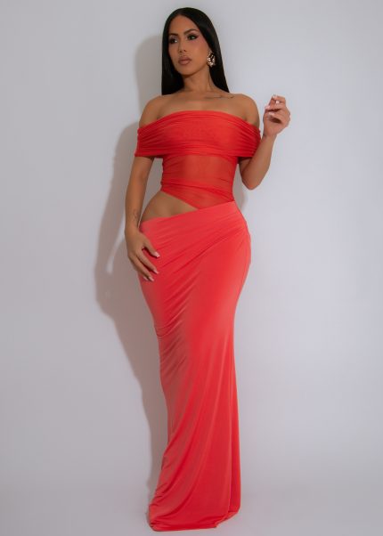 Paradise Island Luxe Ruched Mesh Maxi Dress Orange