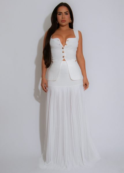 Pleated Grace Ribbed Skirt Set White