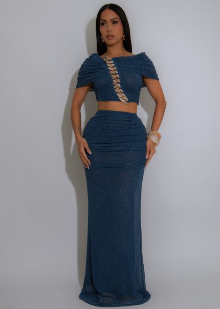 Linked Desire Mesh Ruched Skirt Set Blue