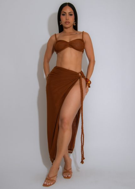 Breezy Mornings Mesh Ruched Skirt Set Brown