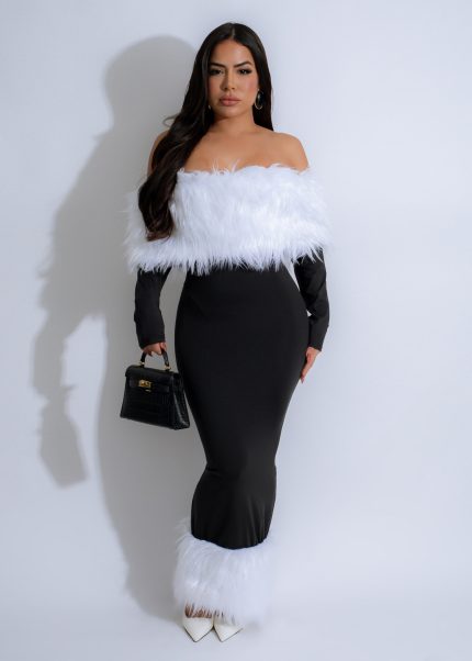 Arctic Glam Fur Midi Dress Black