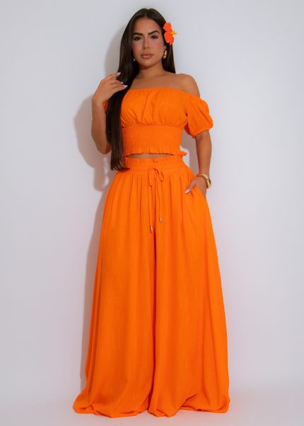 Soft Current Ruched Linen Pant Set Orange