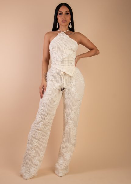 Garden Drift Crochet Floral Pant Set White