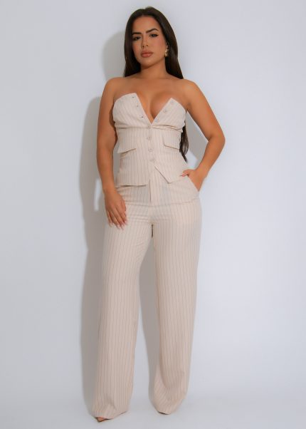 Executive Edge Stripes Pant Set Nude