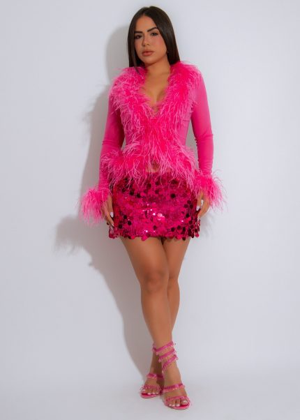 Plume D’Or Feather Sequin Skirt Set Pink*