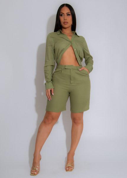 The Everyday Ease Linen Short Set Green
