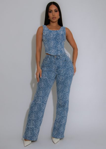 Empowered Feeling Floral Pant Set Light Denim