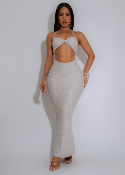 Stardust Bow Sequin Maxi Dress Grey