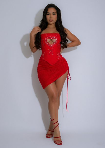 Heartflare Crystal Lace Rhinestones Ruched Skirt Set Red*