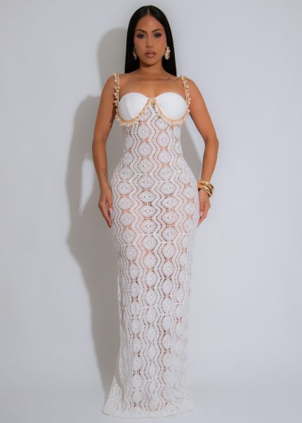 Oceana Glow Pearl Crochet  Maxi Dress White
