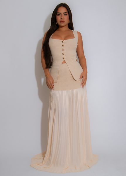 Pleated Grace Ribbed Skirt Set Nude