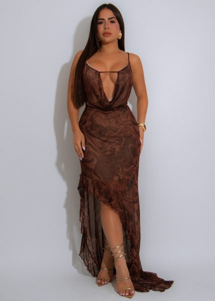 Molten Veil Mesh Mini Dress Brown