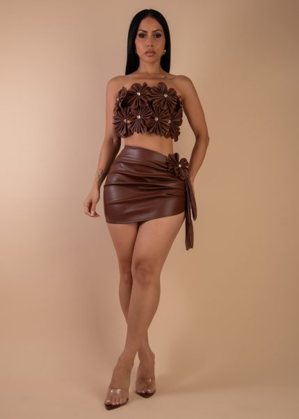 Floral Frenzy Faux Leather Rhinestones Skirt Set Brown