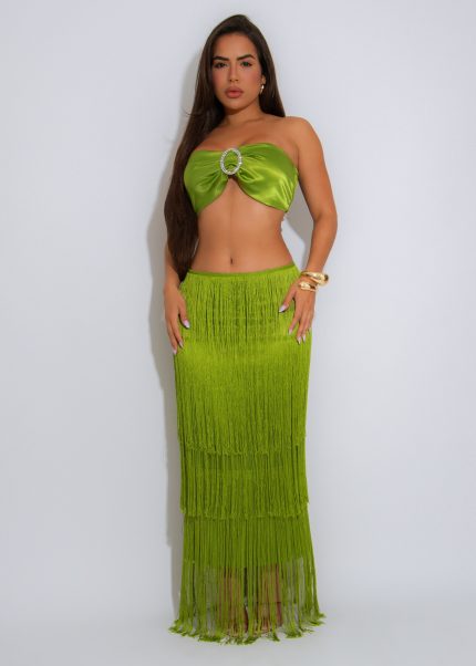 Tropic Dusk Satin Rhinestones Skirt Set Green