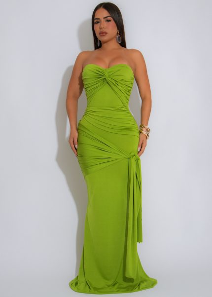 Lustrous Muse Ruched Maxi Dress Green