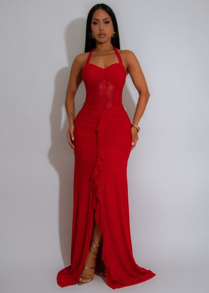 Heatwave Gaze Mesh Ruched Maxi Dress Red