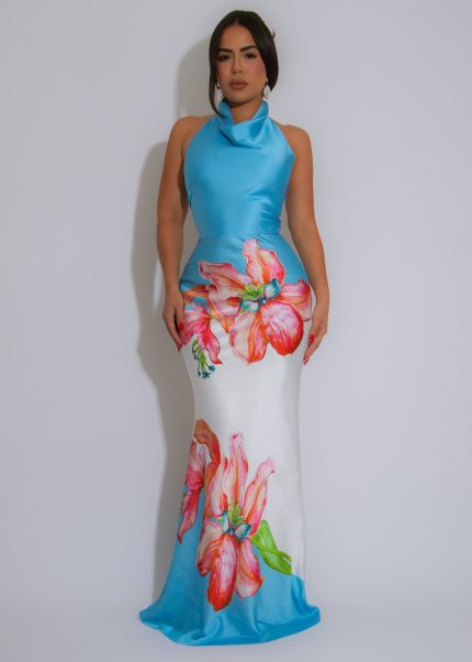 Blooming Elegance Halter Satin Floral Maxi Dress Blue