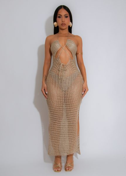 Absolutely Crochet Metallic Maxi Dress Gold