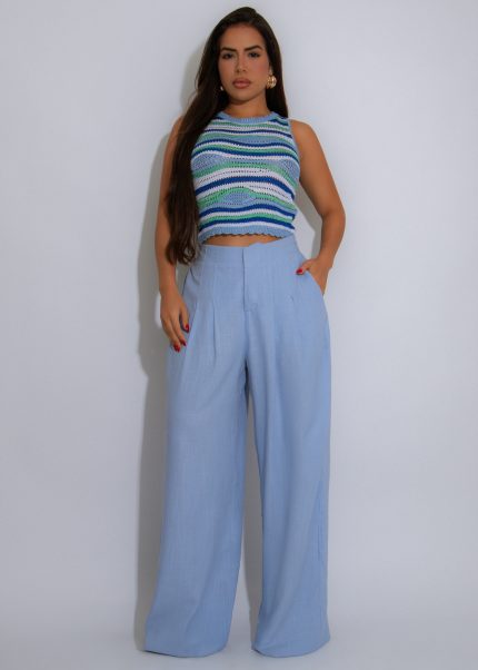 Coastal Groove Linen Knit Pant Set Blue