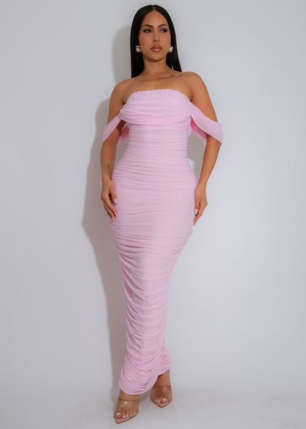 Sunset Drape Mesh Ruched Maxi Dress Pink