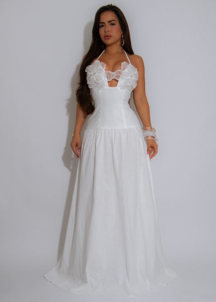 Goddess Bloom Pearls Sequin Maxi dress White