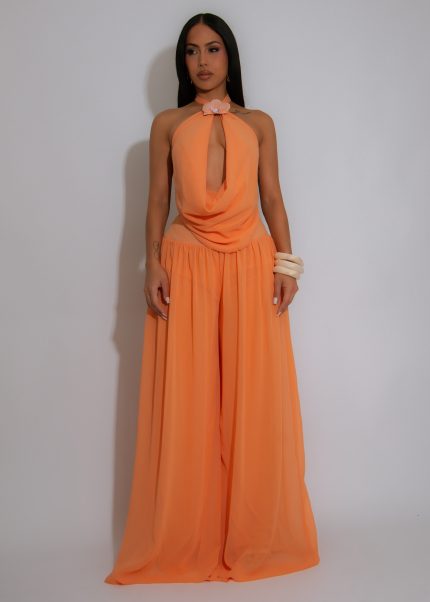 Fleur Drape Floral Ruched Pant Set Orange