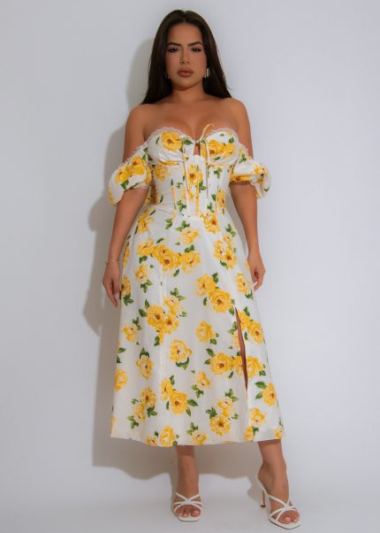 Sunlit Bloom Floral Midi Dress Yellow