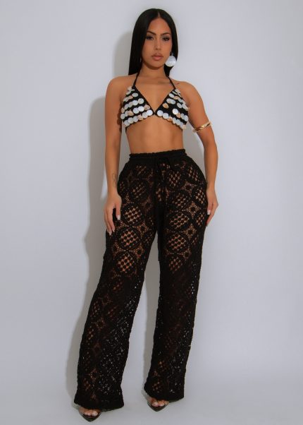 Moon Tide Shell Crochet Pant Set Black