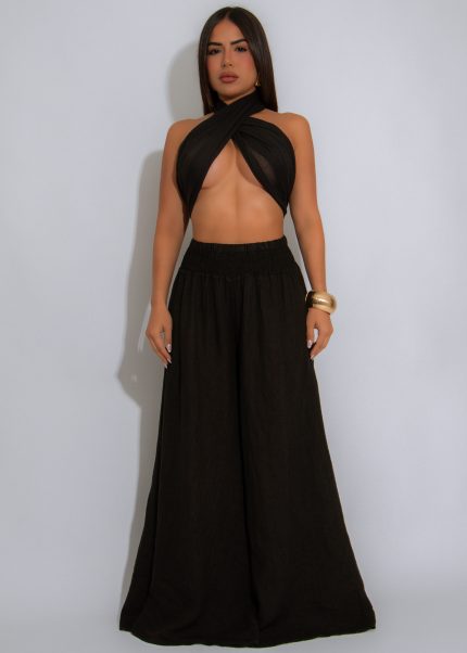 Soleil Ease Linen Ruched Pant Black