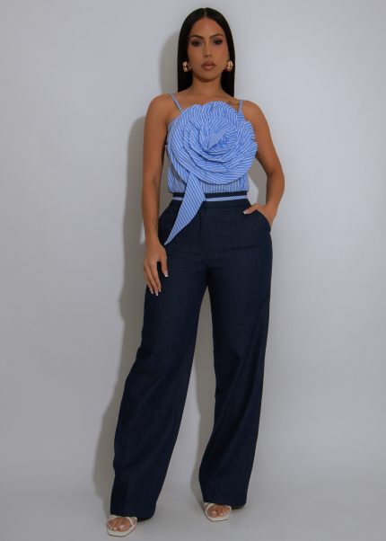 Floral Directive Stripes Pant Set Blue