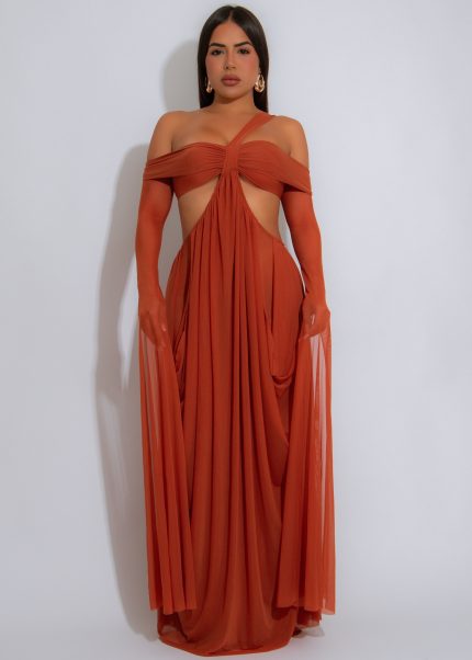 Enchanted Veil Ruched Mesh Maxi Dress Brown