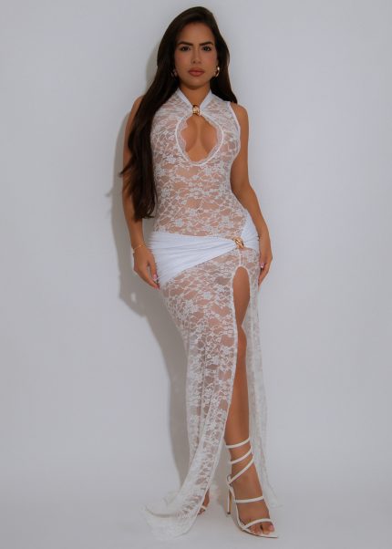 Obsidian Temptress Lace Ruched Maxi Dress White