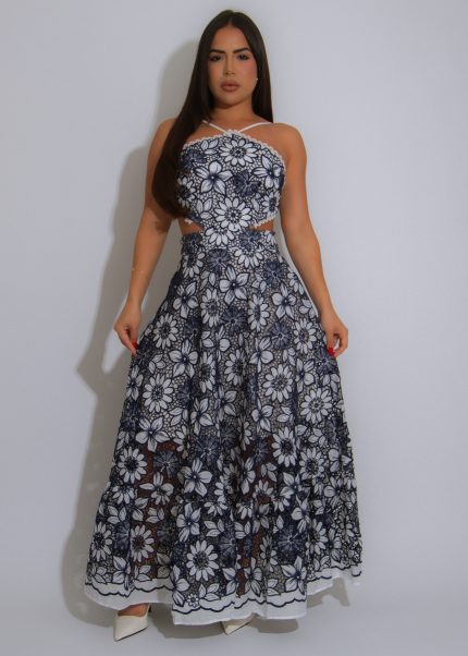 Living A Fairytale Lace Floral Midi Dress Blue